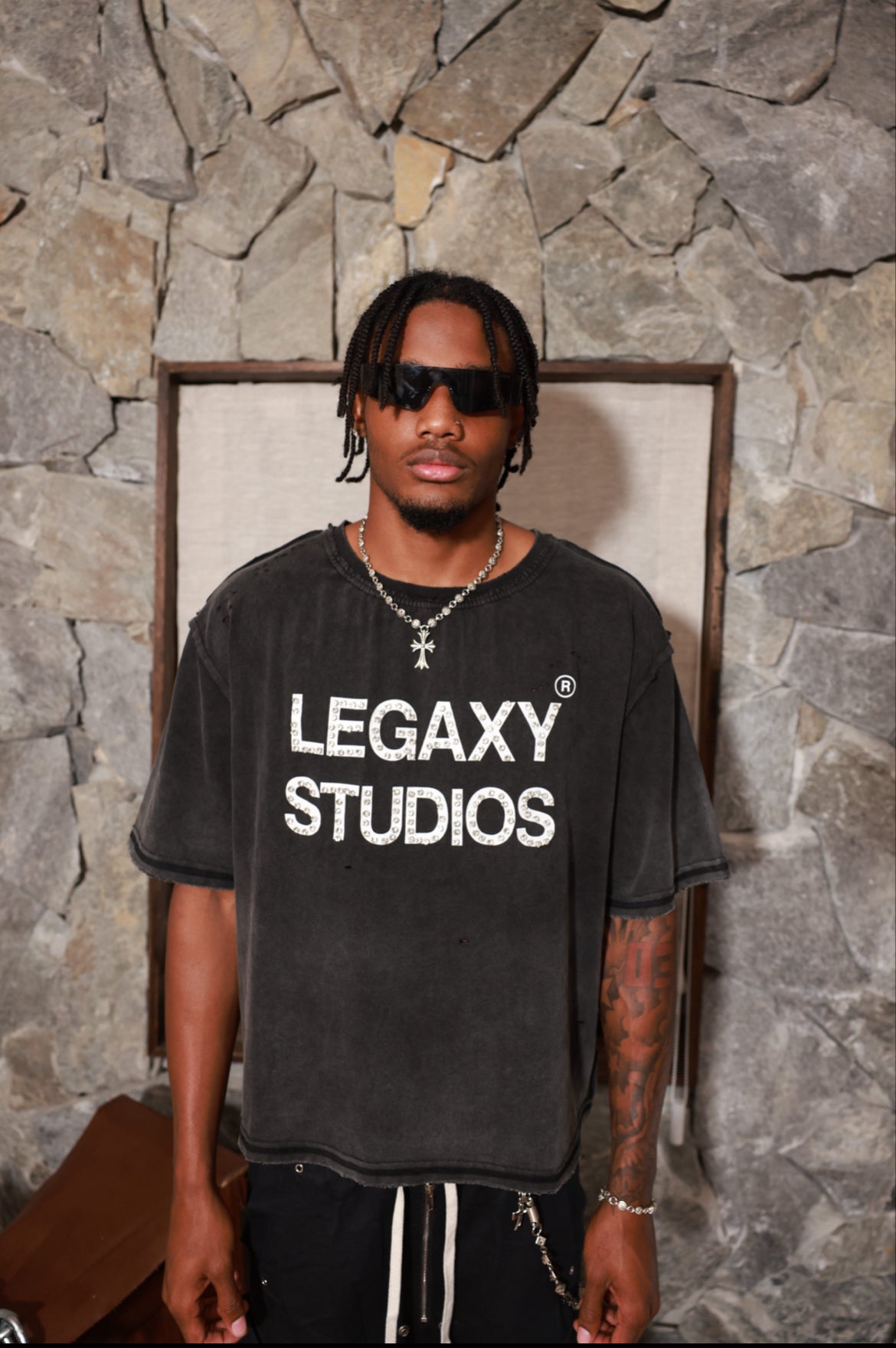 Legaxy Studios STUDIOS CREW T-shirt in black, featuring a classic crew neck and minimalist design, displayed flat.