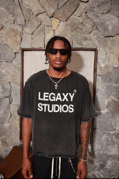 Legaxy Studios STUDIOS CREW T-shirt in black, featuring a classic crew neck and minimalist design, displayed flat.