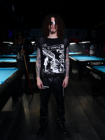 Black All Is Vanity T-shirt by Legaxy Studios, featuring a stylish graphic design on the front.