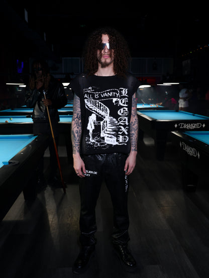 Black All Is Vanity T-shirt by Legaxy Studios, featuring a stylish graphic design on the front.