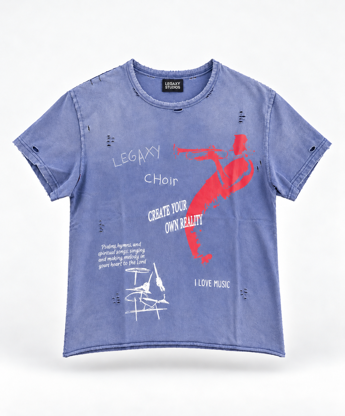 Legaxy Studios LX Choir T-Shirt with choir-themed graphic design on white cotton fabric.