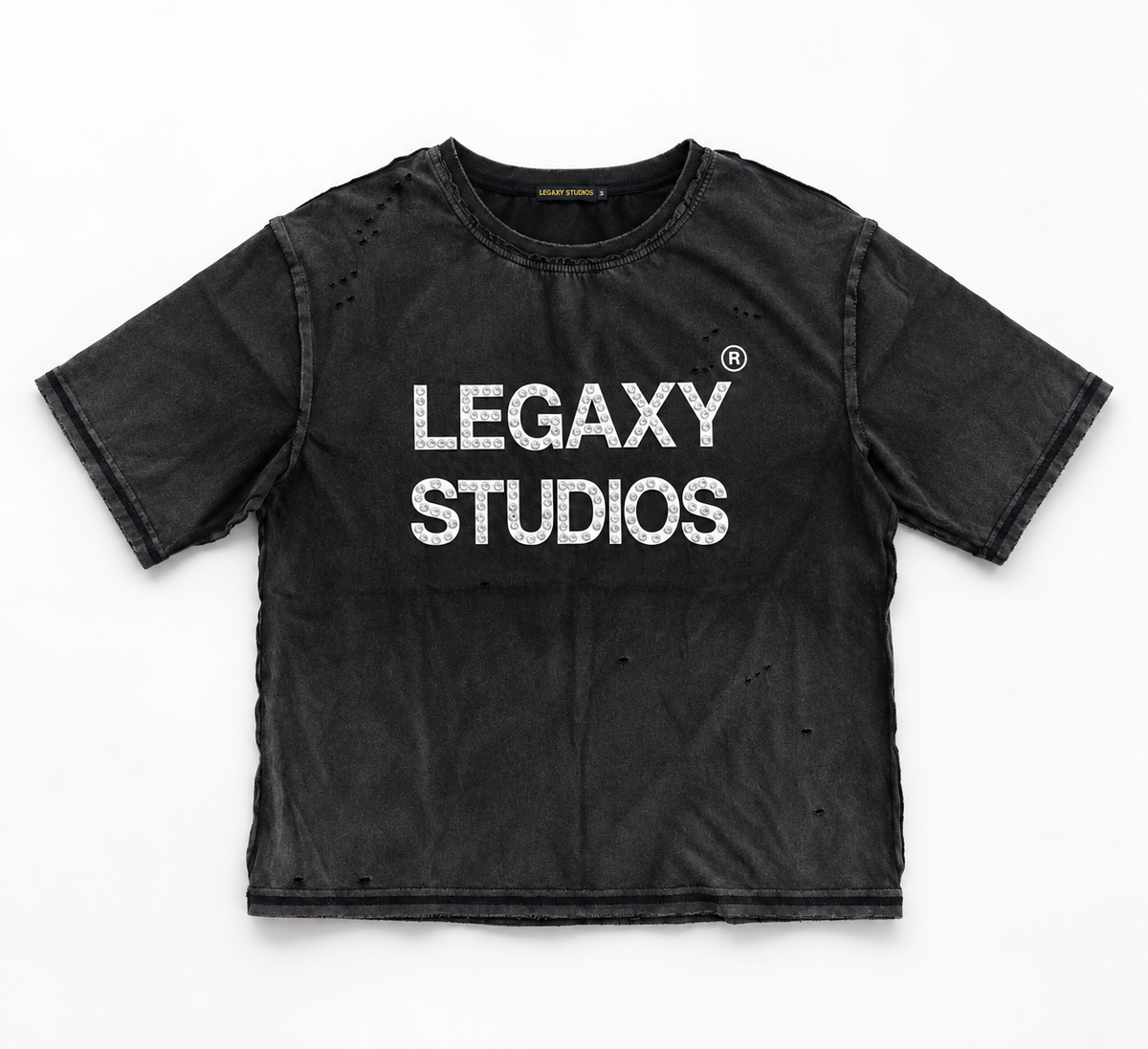 Gray Studio Crew T-Shirt by Legaxy Studios displayed on a hanger, showcasing the casual fit and soft cotton fabric.
