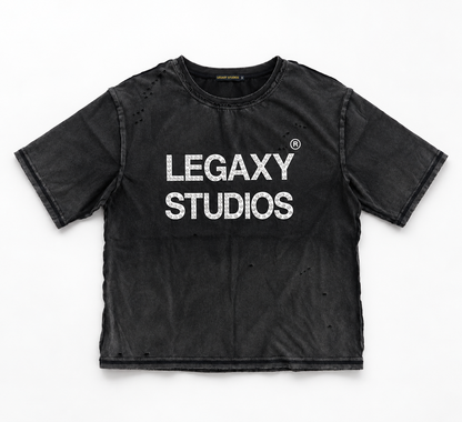 Gray Studio Crew T-Shirt by Legaxy Studios displayed on a hanger, showcasing the casual fit and soft cotton fabric.