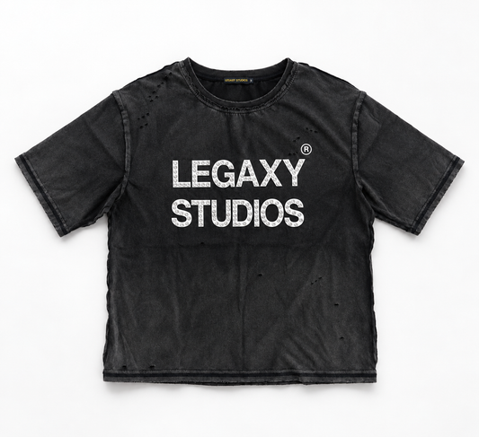 Gray Studio Crew T-Shirt by Legaxy Studios displayed on a hanger, showcasing the casual fit and soft cotton fabric.
