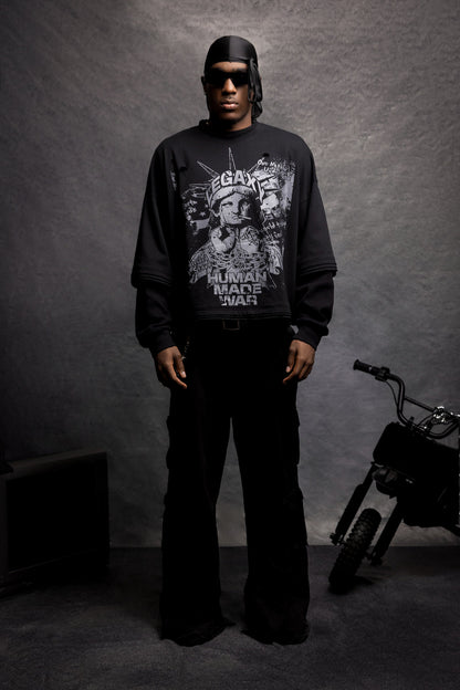 Human Made War Thermal Longsleeve by Legaxy Studios, black thermal shirt with branding details and long sleeves.