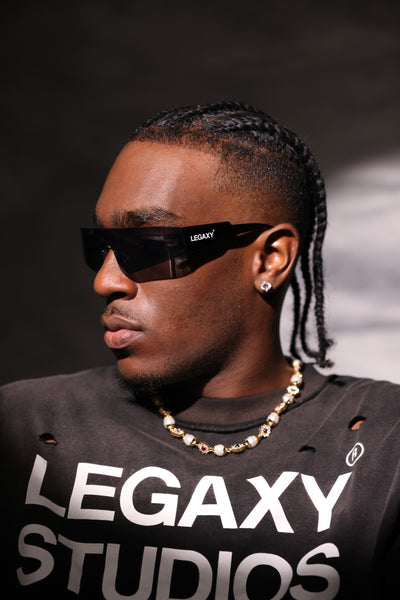 Legaxy Studios LGXY Trillionaire sunglasses with sleek black frames and tinted lenses, stylish and modern eyewear.