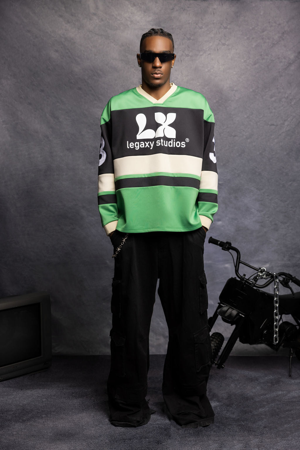 Blue Studios Hockey Jersey by My Store featuring team logo and player number, made from breathable sports fabric.