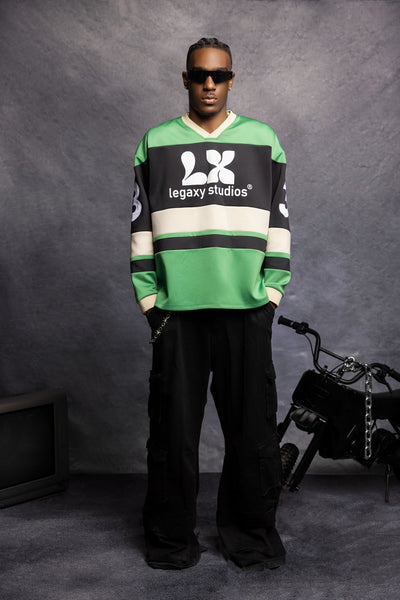 Blue Studios Hockey Jersey by My Store featuring team logo and player number, made from breathable sports fabric.