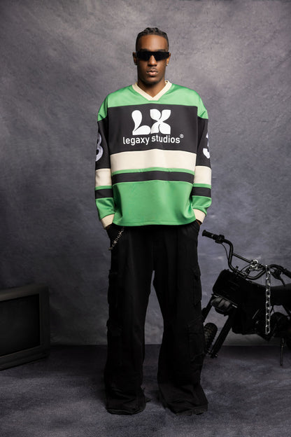 Blue Studios Hockey Jersey by My Store featuring team logo and player number, made from breathable sports fabric.